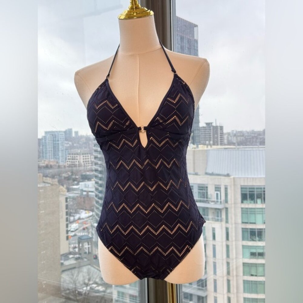 🆕 ZIMMERMANN 🧿NWOT Pointelle-Knit Halterneck Swimsuit, Plum-Navy, Sz 3 US 8/10 - Picture 8 of 14